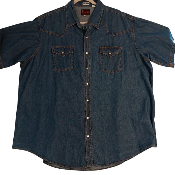 Plains Vintage Western Denim Shirt Men 2X  Blue Pearl Snap Big Mans Short Sleeve - Picture 3 of 15